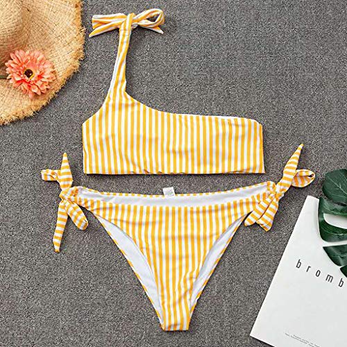 CheChury Mujer Conjuntos De Bikini Rayas Talle Alto Retro Brasileños Sexy Un Hombro Traje De Baño 2 Piezas Cuello Push Up Bandage Playa Verano