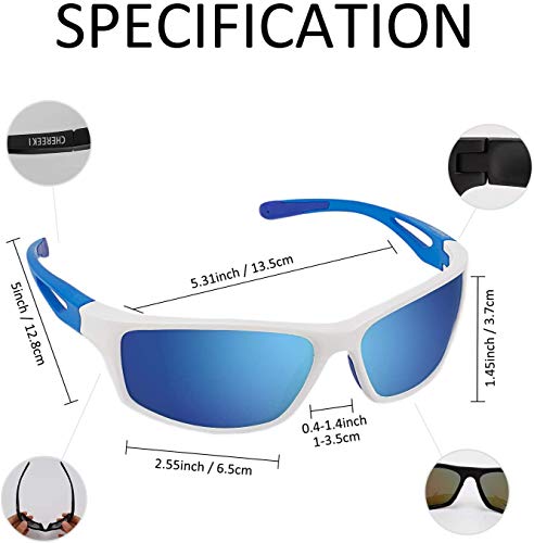 CHEREEKI - Gafas de sol deportivas polarizadas con protección UV400 y marco irrompible TR90, para hombres y mujeres, ciclismo, correr, pesca, golf, correr, correr, correr y correr, color azul y blanco
