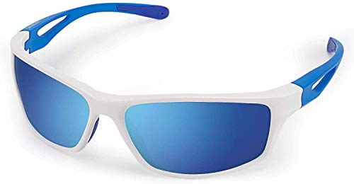CHEREEKI - Gafas de sol deportivas polarizadas con protección UV400 y marco irrompible TR90, para hombres y mujeres, ciclismo, correr, pesca, golf, correr, correr, correr y correr, color azul y blanco