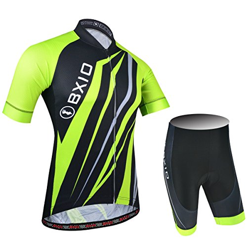 Ciclismo Conjunto de Ropa, Maillot Ciclismo y Culotte Pantalones Cortos con Banda elástica, 3 Bolsillos Traseros, Malla Transpirable y Cremallera Completa, Verde y Negro, L