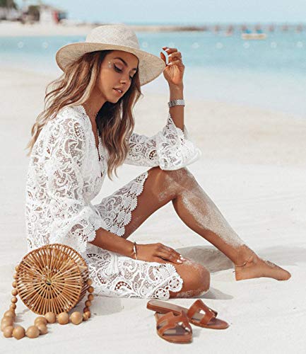 CiKixz - Vestido de playa para mujer, cuello en V, pareos kimono, cardigan, vestido de playa, estilo boho, transparente, poncho de playa Blanco L