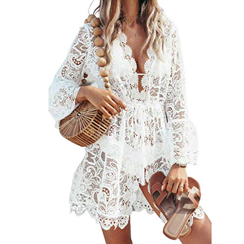 CiKixz - Vestido de playa para mujer, cuello en V, pareos kimono, cardigan, vestido de playa, estilo boho, transparente, poncho de playa Blanco L