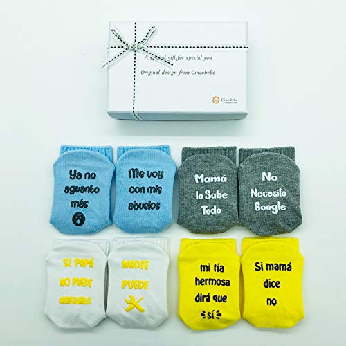 Cincobebé Juego de Calcetines Antideslizantes para Bebé/Recién Nacido,con Frases en Español Divertidas Lindas,Apto para Todas las Estaciones,4 Pares,6-24 Meses,Unisex,Caja Regalo