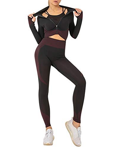CINDYLOVER Conjunto Deporte Yoga Chándales 2 Piezas - Ropa Fitness para Mujer Pantalón Leggins Deportiva Top de Running de Manga Larga Ropa Deportiva sin Costura Rojo M