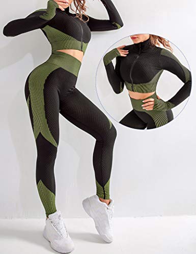 CINDYLOVER Conjunto Deporte Yoga Chándales 2 Piezas - Ropa Fitness para Mujer Pantalón Leggins Deportiva Top de Running de Manga Larga Ropa Deportiva sin Costura Verde L