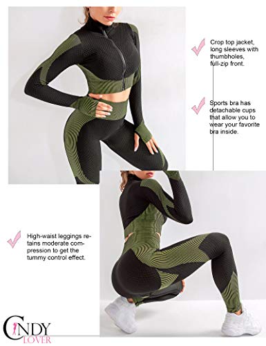 CINDYLOVER Conjunto Deporte Yoga Chándales 2 Piezas - Ropa Fitness para Mujer Pantalón Leggins Deportiva Top de Running de Manga Larga Ropa Deportiva sin Costura Verde L