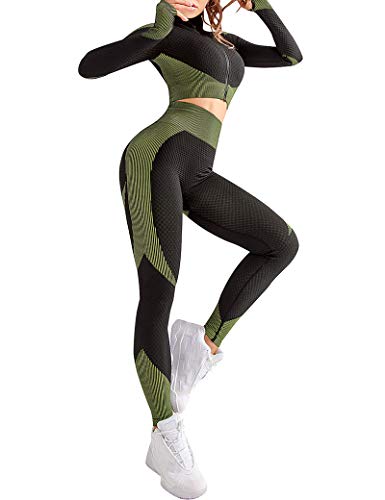 CINDYLOVER Conjunto Deporte Yoga Chándales 2 Piezas - Ropa Fitness para Mujer Pantalón Leggins Deportiva Top de Running de Manga Larga Ropa Deportiva sin Costura Verde L
