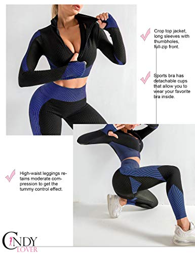 CINDYLOVER Conjunto Deporte Yoga Chándales 2 Piezas - Ropa Fitness para Mujer Pantalón Leggins Deportiva Top de Running de Manga Larga Ropa Deportiva sin Costura Azul S