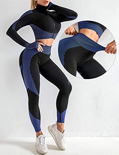 CINDYLOVER Conjunto Deporte Yoga Chándales 2 Piezas - Ropa Fitness para Mujer Pantalón Leggins Deportiva Top de Running de Manga Larga Ropa Deportiva sin Costura Azul S