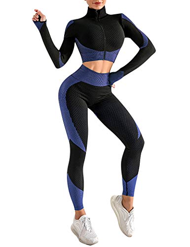 CINDYLOVER Conjunto Deporte Yoga Chándales 2 Piezas - Ropa Fitness para Mujer Pantalón Leggins Deportiva Top de Running de Manga Larga Ropa Deportiva sin Costura Azul S