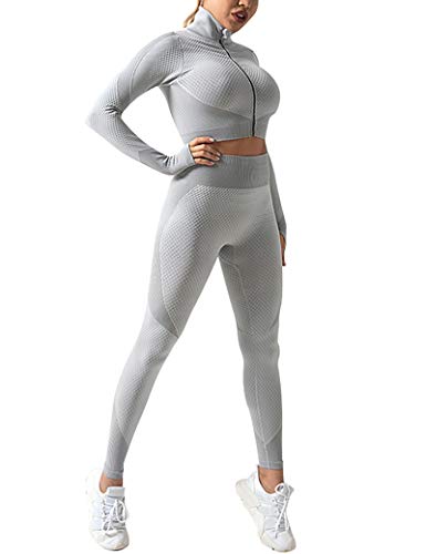 CINDYLOVER Conjunto Deporte Yoga Chándales 2 Piezas - Ropa Fitness para Mujer Pantalón Leggins Deportiva Top de Running de Manga Larga Ropa Deportiva sin Costura Gris S