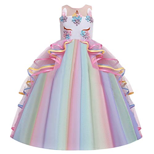 CinheyU Niñas Disfraz de Carnaval Sin Mangas Vestido de Unicornio Princesa Cumpleaños Boda Fiesta de Cosplay para Chicas Navidad Bautizo Comunión Flor Vestidos de Baile con Diadema Arcoiris 12-13
