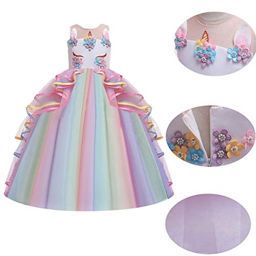 CinheyU Niñas Disfraz de Carnaval Sin Mangas Vestido de Unicornio Princesa Cumpleaños Boda Fiesta de Cosplay para Chicas Navidad Bautizo Comunión Flor Vestidos de Baile con Diadema Arcoiris 12-13