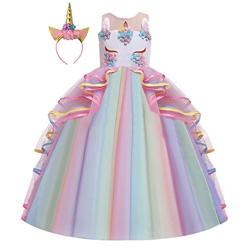 CinheyU Niñas Disfraz de Carnaval Sin Mangas Vestido de Unicornio Princesa Cumpleaños Boda Fiesta de Cosplay para Chicas Navidad Bautizo Comunión Flor Vestidos de Baile con Diadema Arcoiris 12-13