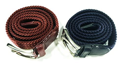 Cinturón trenzado elástico y extensible 2 piezas cinturones con hebilla para hombre y mujer. Pack de 2 colores (Azul Fuerte - Granate, 110cm)