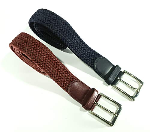 Cinturón trenzado elástico y extensible 2 piezas cinturones con hebilla para hombre y mujer. Pack de 2 colores (Azul Fuerte - Granate, 110cm)