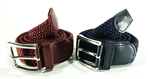 Cinturón trenzado elástico y extensible 2 piezas cinturones con hebilla para hombre y mujer. Pack de 2 colores (Azul Fuerte - Granate, 110cm)