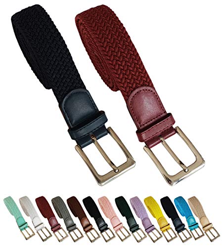 Cinturón trenzado elástico y extensible 2 piezas cinturones con hebilla para hombre y mujer. Pack de 2 colores (Azul Fuerte - Granate, 110cm)