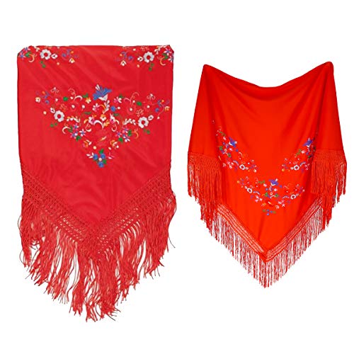 Cisne 2013, S.L. Mantón Bordado en Pico de Manila. Mantones Flamenco Sevillana. Medidas 150x70cm. Diseño Flores. Color Rojo.