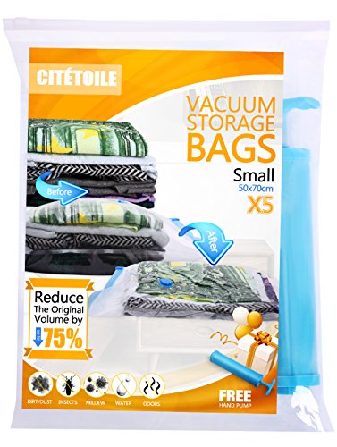 CITÉTOILE Bolsas de Almacenaje al Vaci?o 5 Pieza (50 x 70 cm) Almacenamiento Comprimido Vacío Reutilizables para la Ropa, Edredones, Ropa de Cama, Viajar con Equipaje de Mano Libre Sello Doble