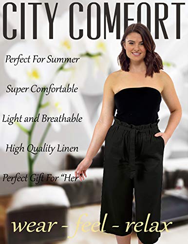 CityComfort Pantalones de Lino para el Verano, 3/4 de Longitud | Pantalón de Traje de Fiesta para Mujeres | Cintura Alta a la Moda con Lazo y Pliegues | Tamaños Variados (40, Negro)