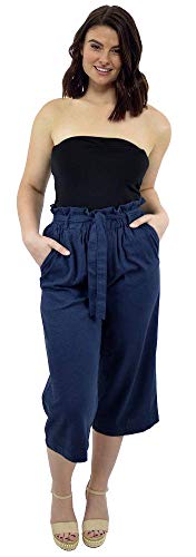 CityComfort Pantalones de Lino para el Verano, 3/4 de Longitud | Pantalón de Traje de Fiesta para Mujeres | Cintura Alta a la Moda con Lazo y Pliegues | Tamaños Variados (38, Azul Marino)