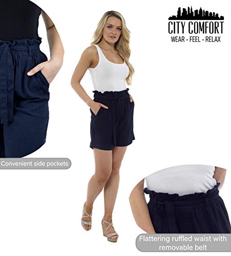 CityComfort Shorts de Lino para Mujer Mujeres Pantalones Cortos de Lino para el Verano, Vacaciones, Playa | Cintura de Bolsa de Papel de Moda (42, Negro)