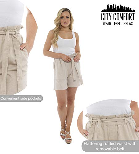 CityComfort Shorts de Lino para Mujer Mujeres Pantalones Cortos de Lino para el Verano, Vacaciones, Playa | Cintura de Bolsa de Papel de Moda (44, Beige)