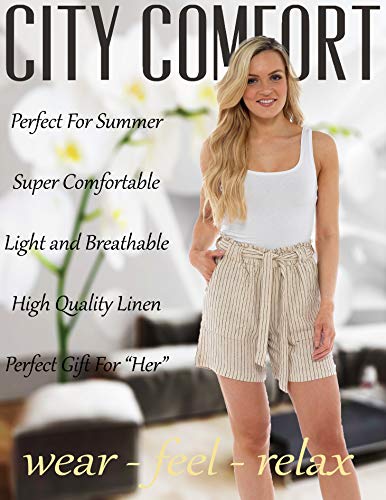 CityComfort Shorts de Lino para Mujer Mujeres Pantalones Cortos de Lino para el Verano, Vacaciones, Playa | Cintura de Bolsa de Papel de Moda (46, Rayas Beige)