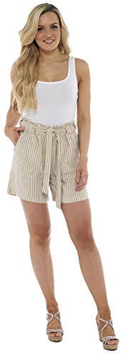 CityComfort Shorts de Lino para Mujer Mujeres Pantalones Cortos de Lino para el Verano, Vacaciones, Playa | Cintura de Bolsa de Papel de Moda (46, Rayas Beige)
