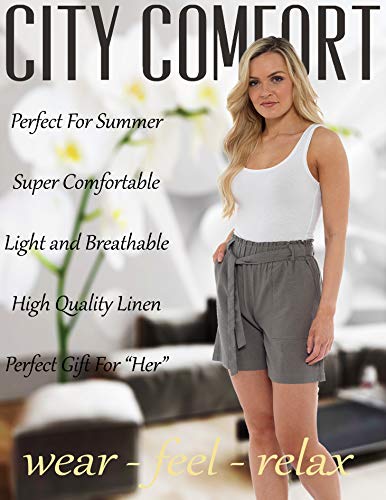 CityComfort Shorts de Lino para Mujer Mujeres Pantalones Cortos de Lino para el Verano, Vacaciones, Playa | Cintura de Bolsa de Papel de Moda (50, Caqui)