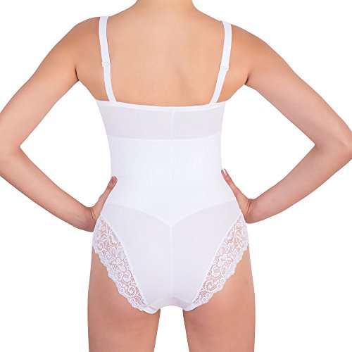 Classic Lady Body Reductor para Mujer en Copas C - Faja Moldeadora sin Aros con Encaje - Body Interior de Microfibra Forrada de algodón, Frontal Reforzado para un Vientre Plano (Blanco, 85C)
