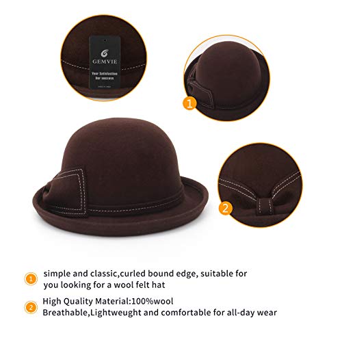Cloudkids Sombrero de Vestir de Lana para Mujer - Lana 100% -Redondas Arco Cloche Derby Cubo Sombreros Fedora Otoño- diseño Vintage de los años 20，Color Café (Tamaño 57CM)