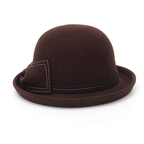Cloudkids Sombrero de Vestir de Lana para Mujer - Lana 100% -Redondas Arco Cloche Derby Cubo Sombreros Fedora Otoño- diseño Vintage de los años 20，Color Café (Tamaño 57CM)