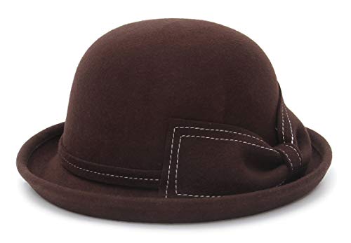 Cloudkids Sombrero de Vestir de Lana para Mujer - Lana 100% -Redondas Arco Cloche Derby Cubo Sombreros Fedora Otoño- diseño Vintage de los años 20，Color Café (Tamaño 57CM)