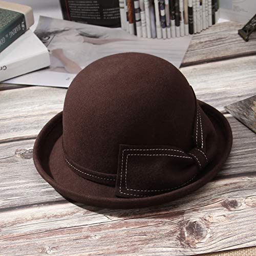 Cloudkids Sombrero de Vestir de Lana para Mujer - Lana 100% -Redondas Arco Cloche Derby Cubo Sombreros Fedora Otoño- diseño Vintage de los años 20，Color Café (Tamaño 57CM)
