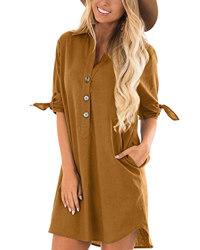 Cnfio - Blusa de verano para mujer, elegante, cuello de pico, manga larga, media manga, un solo color, diseño de camisa corta, minivestido de playa amarillo S