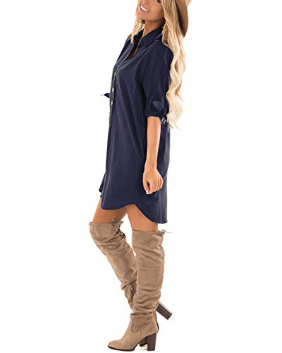 Cnfio - Blusa de verano para mujer, elegante, cuello de pico, manga larga, media manga, un solo color, diseño de camisa corta, minivestido de playa Azul marino. L