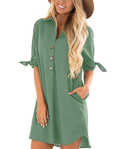 Cnfio - Blusa de verano para mujer, elegante, cuello de pico, manga larga, media manga, un solo color, diseño de camisa corta, minivestido de playa B-verde claro. XL