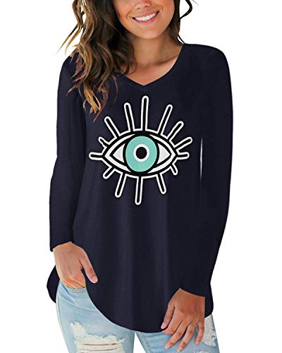 CNFIO Camiseta Mujer Manga Larga Cuello Redondo Blusas para Mujer Suelta Gradiente Efecto TeñidoTops Mujer Fiesta patrón-Azul Oscuro S