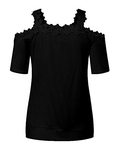 CNFIO - Camisetas de manga larga y corta para mujer, estilo casual, con hombros al aire, para verano, con encaje de ganchillo Negro B-negro XXL