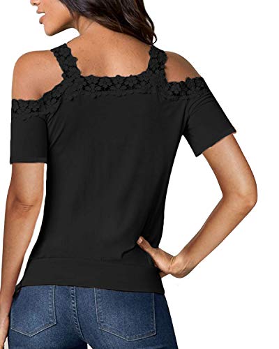 CNFIO - Camisetas de manga larga y corta para mujer, estilo casual, con hombros al aire, para verano, con encaje de ganchillo Negro B-negro XXL