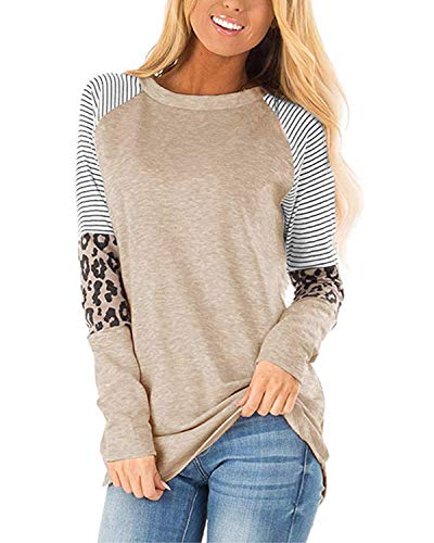 CNFIO Camisetas Mujer Manga Larga Leopardo Raya Cuello Redondo Blusas para Mujer Suelta Tops Mujer Fiesta