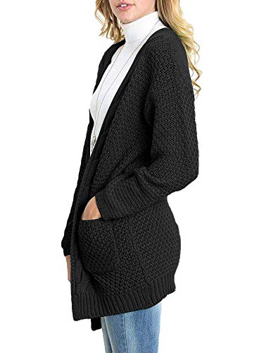 CNFIO Mujeres Cárdigans Chaqueta De Punto Jersey De Suelta Punto Frente Abierto con El Bolsillo (Negro-Nueva, XL)