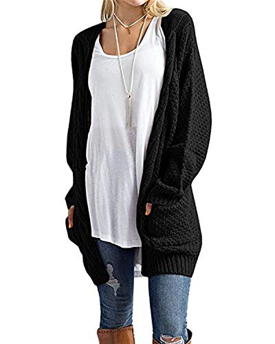 CNFIO Mujeres Cárdigans Chaqueta De Punto Jersey De Suelta Punto Frente Abierto con El Bolsillo (Negro-Nueva, XL)