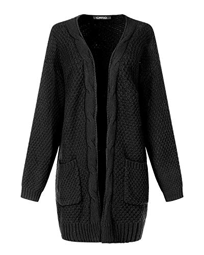 CNFIO Mujeres Cárdigans Chaqueta De Punto Jersey De Suelta Punto Frente Abierto con El Bolsillo (Negro-Nueva, XL)