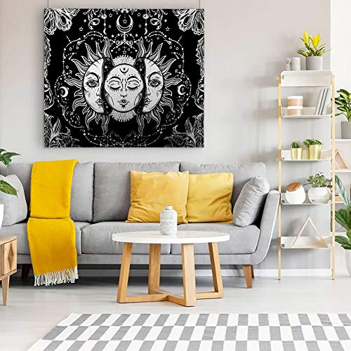 CNNIK Tapiz Tarot Sol y Luna, Tapiz Psicodélico Celestial Negro, Tapiz Colgar de Pared Mandala Indio, Aesthetic Room Decor para Habitación Dormitorio y Sala de Estar, 130 * 150cm