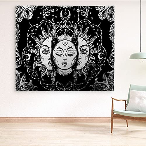 CNNIK Tapiz Tarot Sol y Luna, Tapiz Psicodélico Celestial Negro, Tapiz Colgar de Pared Mandala Indio, Aesthetic Room Decor para Habitación Dormitorio y Sala de Estar, 130 * 150cm