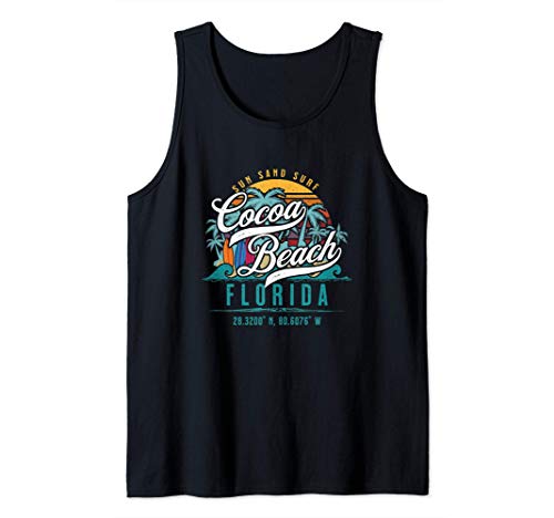 Cocoa Beach Florida Retro Sun Sand Surf Surfing Palm Trees Camiseta sin Mangas