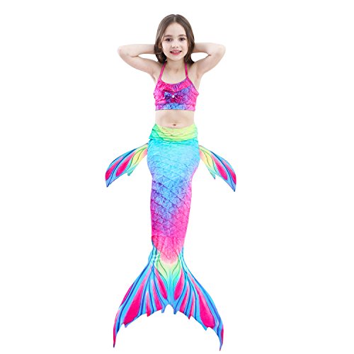 Cola de Sirena para Natación Traje de Baño 4pcs Mermaid Bikini con Monofín Establece para Niña Disfraz de Sirena Princesa Cosplay Conjuntos